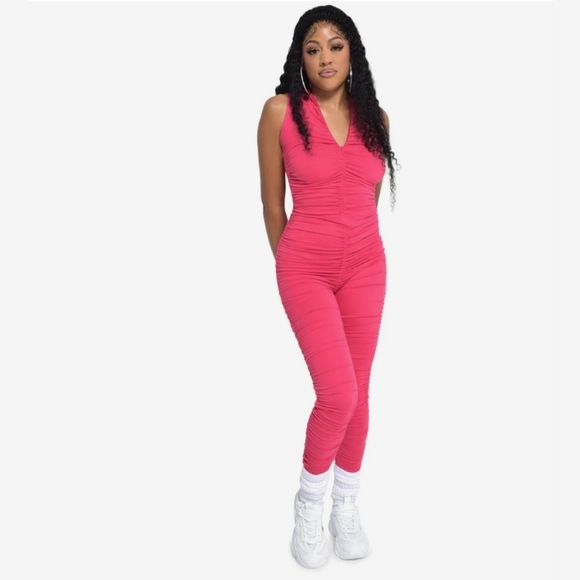 NWT Hot Pink Ruched Jumpsuit - Picture 1 of 3